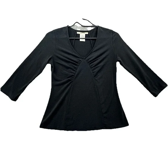 Free People Black Ruched V-Neck Top Women's Small Stretch 3/4 Sleeve Blouse - Picture 1 of 7